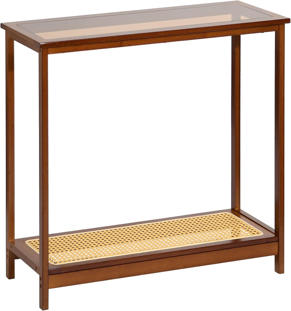 Bamboo Narrow Console Table, 31.5"(L) Wood Small Entryway Table with Rat...