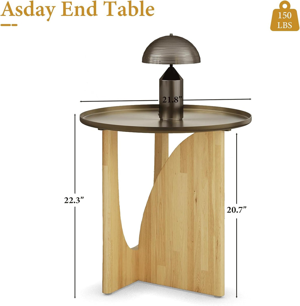 Asday Farmhouse End Table, Wood Side Table with Metal Tray Top, Geometric Bas...