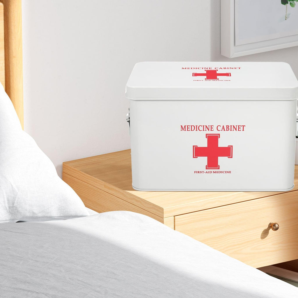 Flexzion First Aid Box Organizer Empty 13" White Vintage First Aid Kit Tin Metal Medical Box - First Aid Storage Box Container Bins with Dividers, Removable Tray and Red Cross Logo