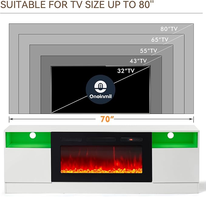 oneinmil Fireplace TV Stand with 36" Electric Fireplace, LED Light Entertainment Center, Modern Wood Texture Highlight Storage Cabinet for TVs Up to 80", 70 inches,White