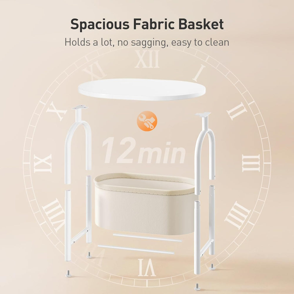 RALGEND Small Round Side Table with Fabric Basket Storage, Oval End Table for...