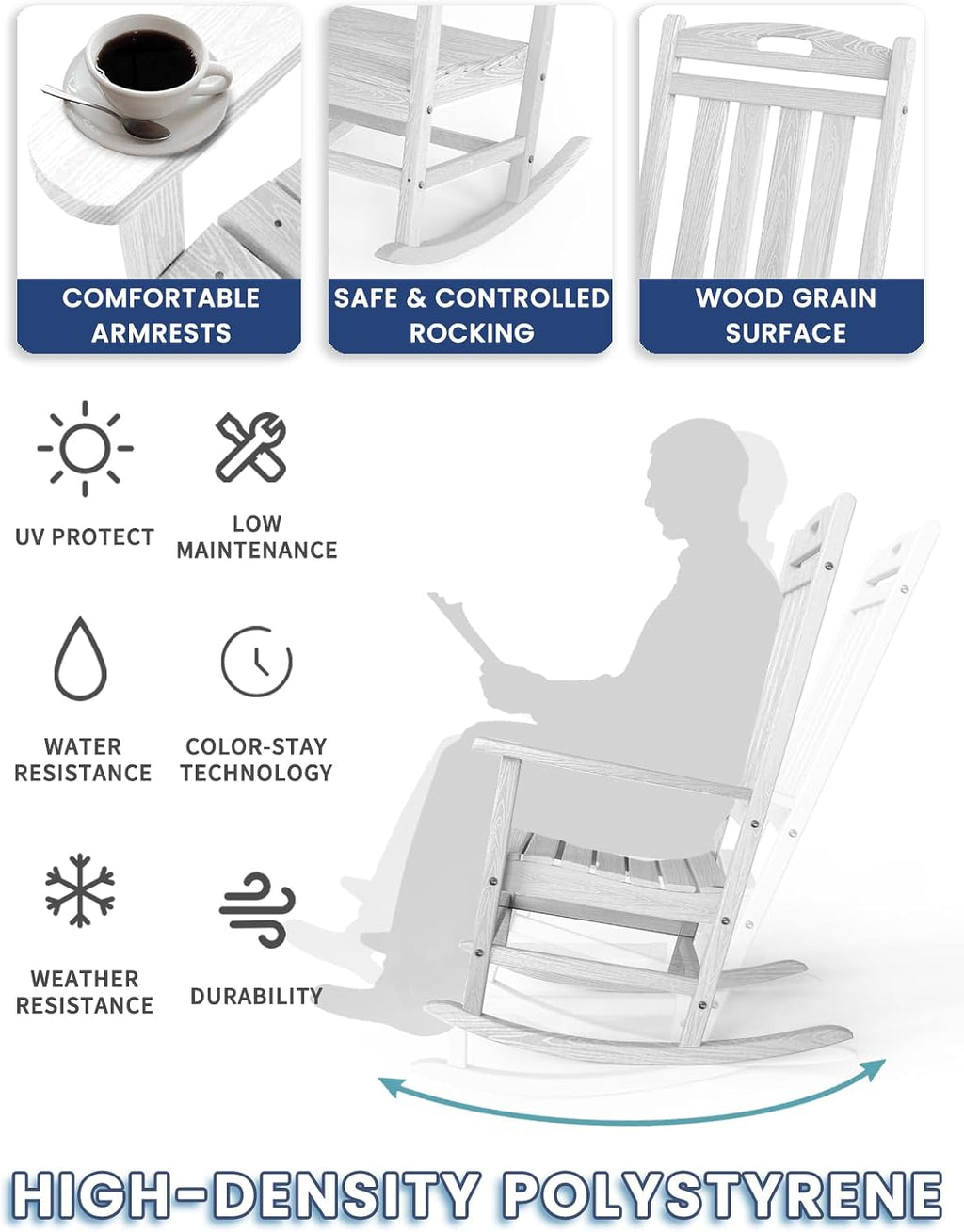 Outdoor Rocking Chair, High Back HDPE Patio Chair, All Weather Rocker Porch Chair, Lawn Chair for Deck, Porch, Backyard, Garden and Indoor, White