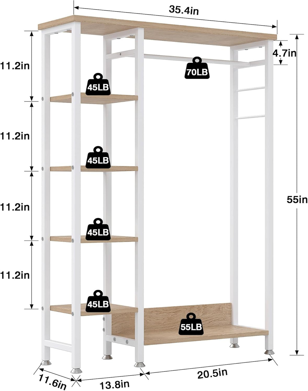 VECELO Open Garment Clothing Rack, Free-Standing Heavy Duty Storage Closet with 5 Shelves and Hanging Rod for Small Spaces, Max Load 350LBS, White Oak