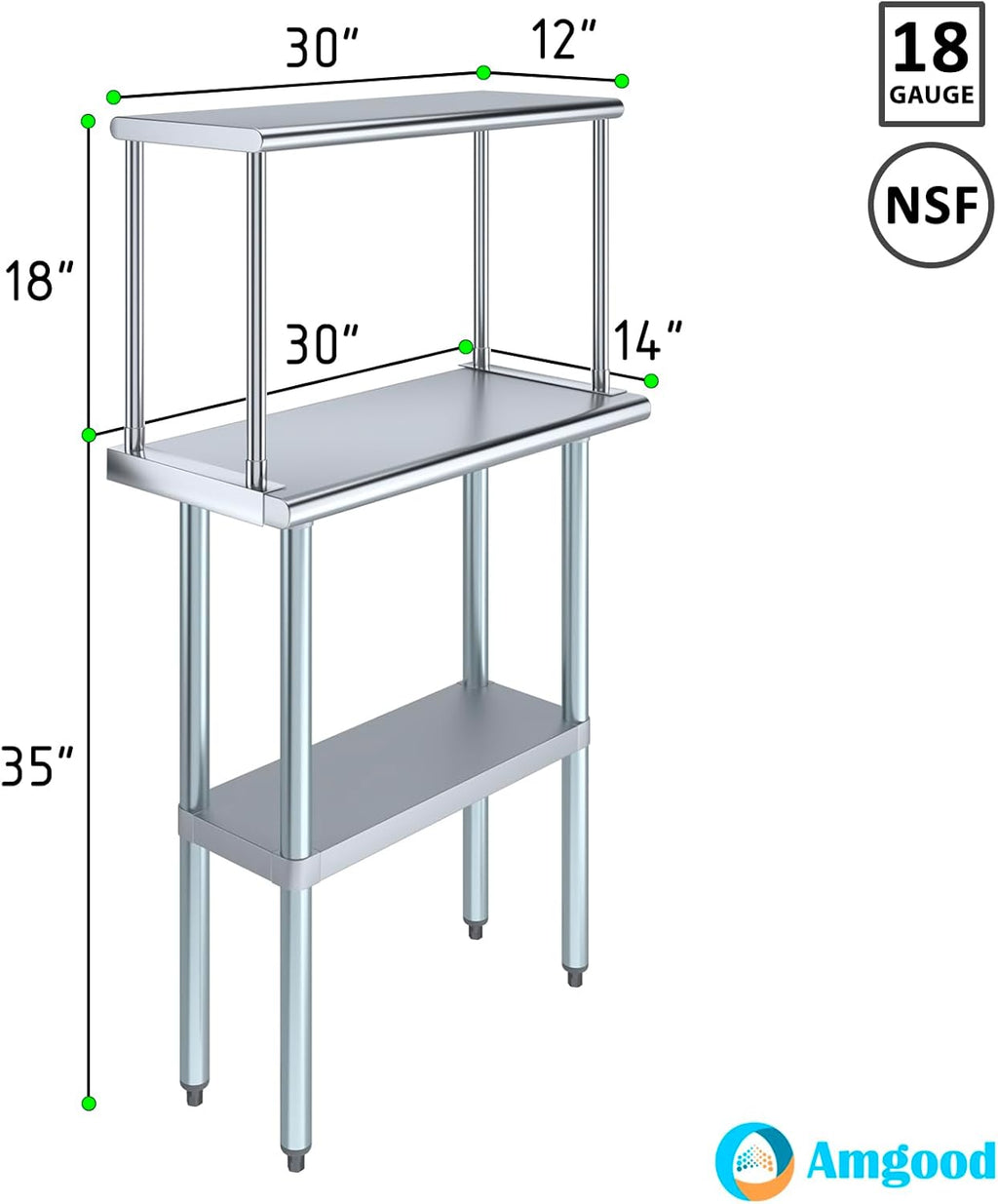 AmGood Stainless Steel Work Table with Wide Single Tier Overshelf | Metal Kitchen Prep Table & Shelving Combo (14" x 30" Work Table + 12" Overshelf), AMG-WT-1430+SOS-1230