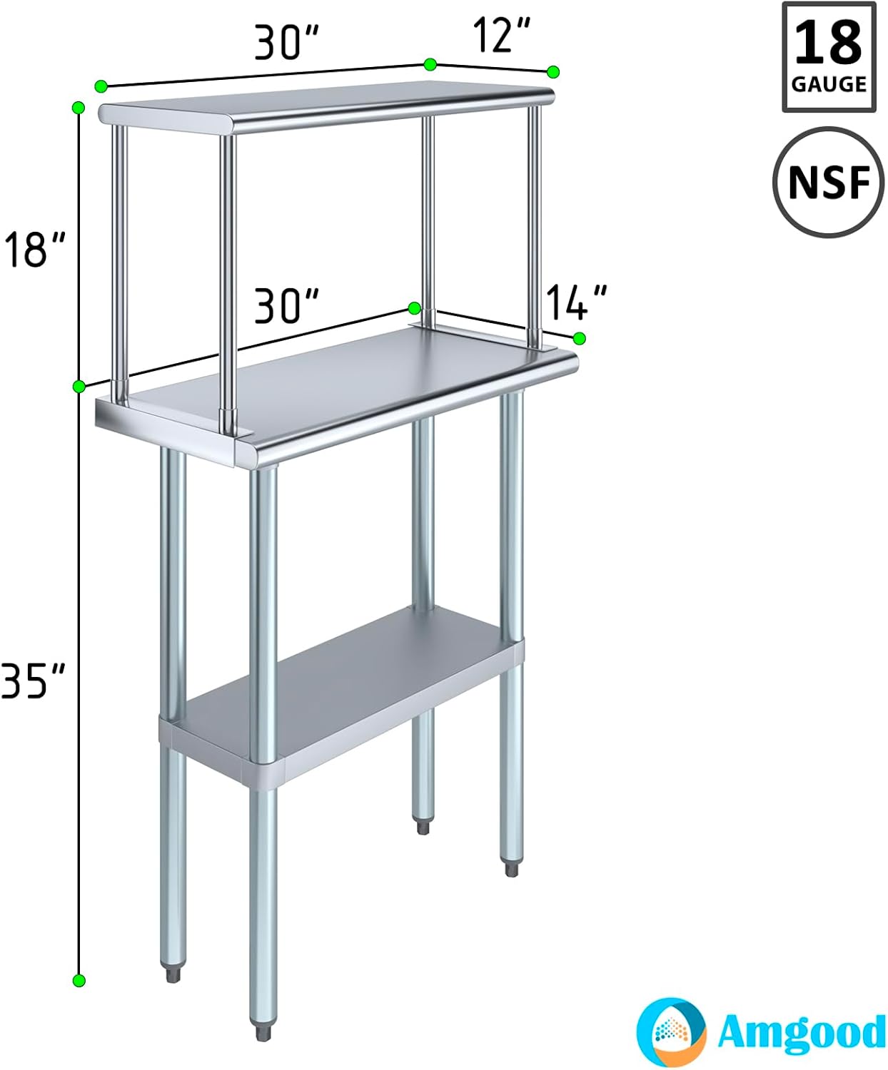 AmGood Stainless Steel Work Table with Wide Single Tier Overshelf | Metal Kitchen Prep Table & Shelving Combo (14" x 30" Work Table + 12" Overshelf), AMG-WT-1430+SOS-1230