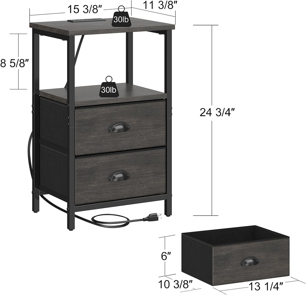 sthmec Nightstand with Charging Station, LED Night Stand Set of 2, Bedside Table End Table with Drawer, Bedroom Tables with 2 Fabric Drawers, 3-Tier Storage Side Table for Bedroom, Black Oak
