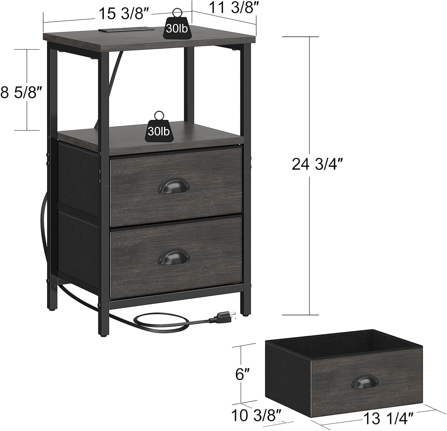 sthmec Nightstand with Charging Station, LED Night Stand Set of 2, Bedside Table End Table with Drawer, Bedroom Tables with 2 Fabric Drawers, 3-Tier Storage Side Table for Bedroom, Black Oak