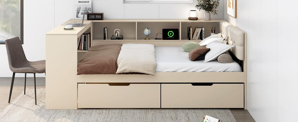 Tidyard Wood Full Size Platform Bed with Storage Shelves Drawers and USB Char...
