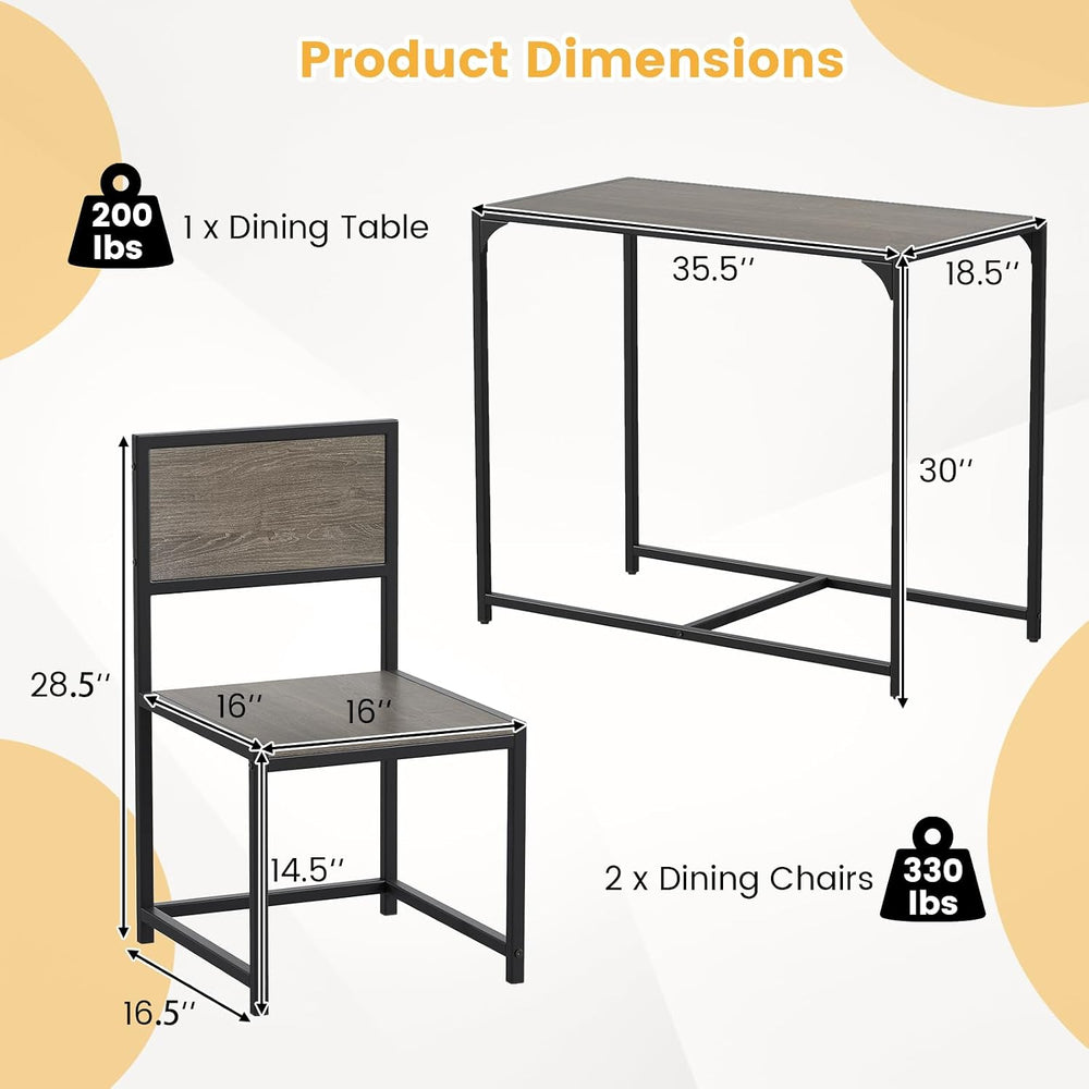 COSTWAY 3-Piece Small Dining Table Set for 2, Industrial Dinette Set with Stu...