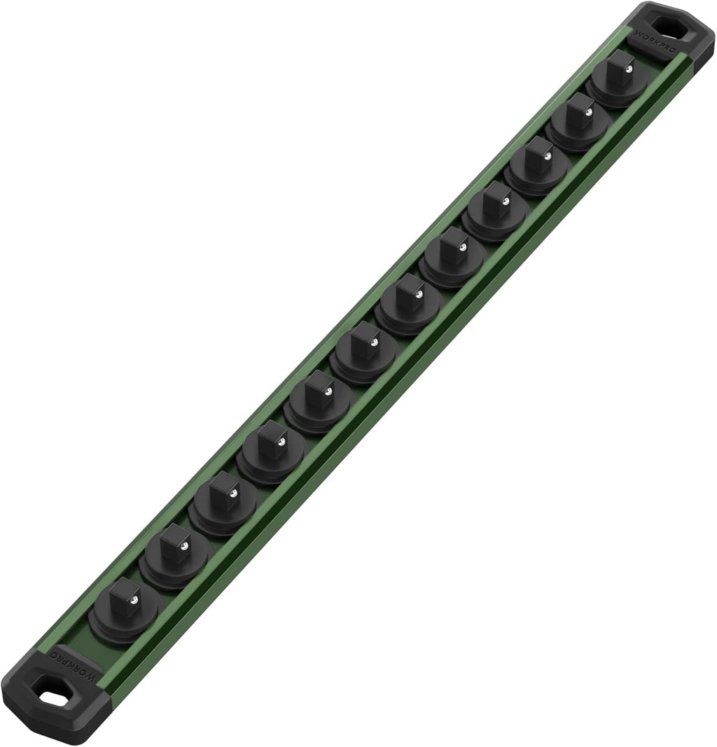 WORKPRO Magnetic Socket Organizer, 1/4-Inch Drive Aluminum Alloy Socket Rail, Heavy Duty Socket Holder, Socket Rack Kit 1/4-Inch x 12 Clips Green (Socket not Included)