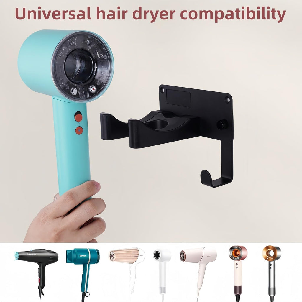 Hair Dryer Holder, Aluminum Alloy Blow Dryer Holder with Adhesive/Screw Installation, Universal Hair Dryer Wall Mount Compatible with Dyson Hairdryer Holder for Bathroom Black UEMUSI