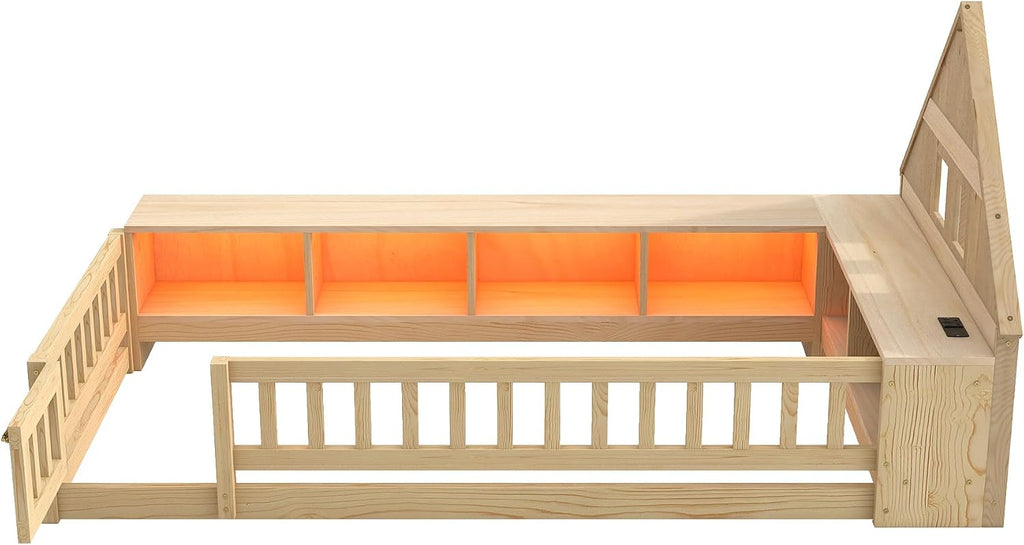Twin Size Wood Floor Bed with Guardrail, House-Shaped Headboard and Cabinet (Natural)