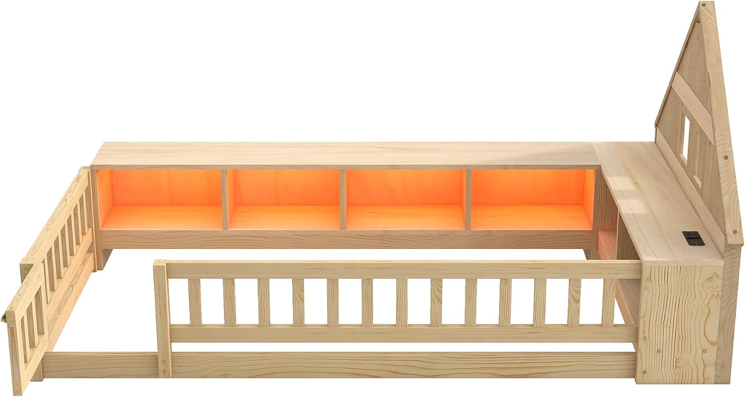 Twin Size Wood Floor Bed with Guardrail, House-Shaped Headboard and Cabinet (Natural)