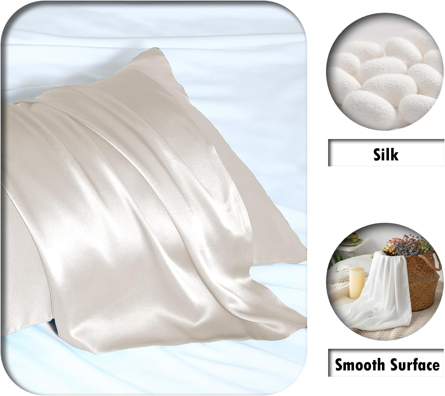 Silk Pillow Cases 2 Pack Soft Breathable and Sliky King Size Pillow Cases Set of 2,Natural Mulberry Satin Silk Pillowcase with Hidden Zipper for Hair and Skin (Beige,20"X 36",2pcs)