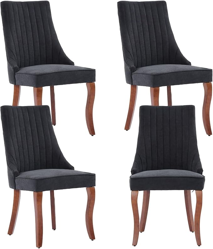 Dining Chairs Set of 4,Comfy Fabric Upholstered Accent Chairs for Kitchen Living Room,Channel Tufted Dining Room Chairs with Curved Solid Wood Legs(Black)