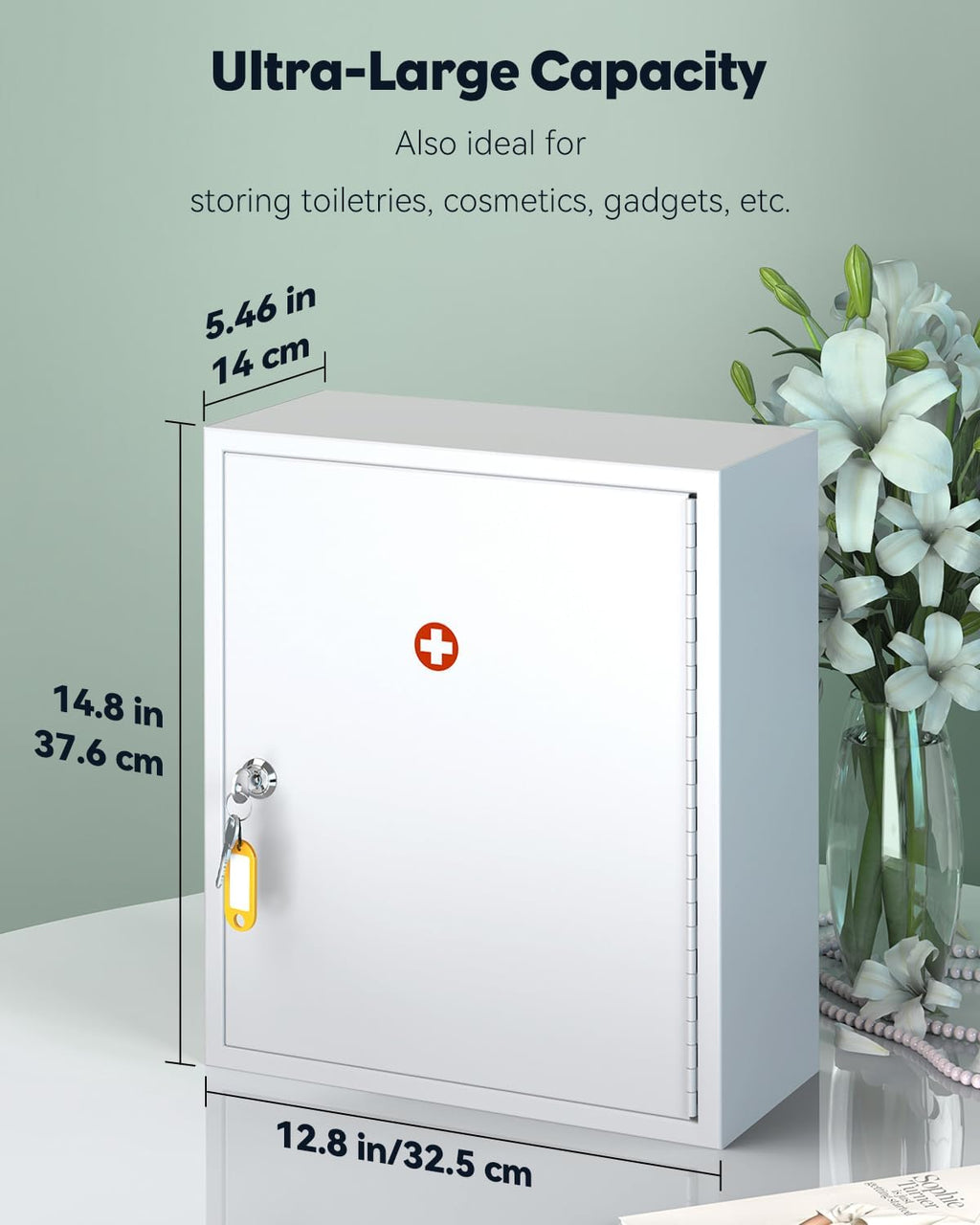 Uniclife Wall Mount Medicine Cabinet with Key Lock Locking First Aid Cabinet Lockable Medical Cabinet Large Capacity Medicine Organizer Secure Steel Wall Cabinet Metal Storage Box, White