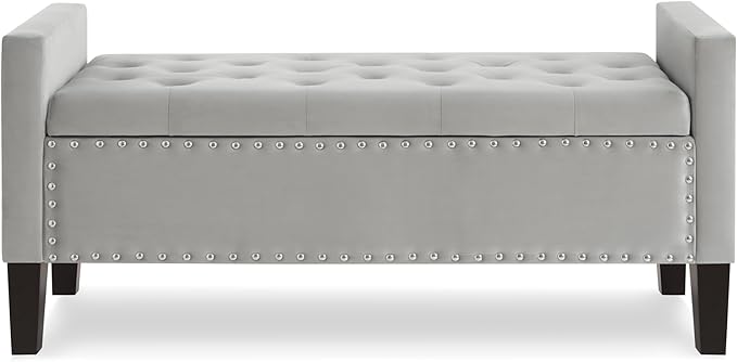 Upholstered Velvet Storage Ottoman Bench with Nail Trims,Soft Padded Seat with Armrest,for Living Room,Bedroom,Entryway,Easy to Assemble,Gray
