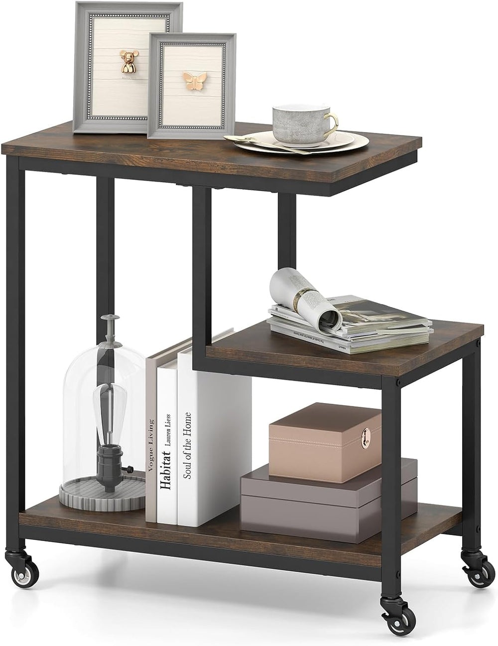 GOFLAME G-Shaped End Table, 3-Tier Sofa Side Table with Wheels, Open Shelves,...