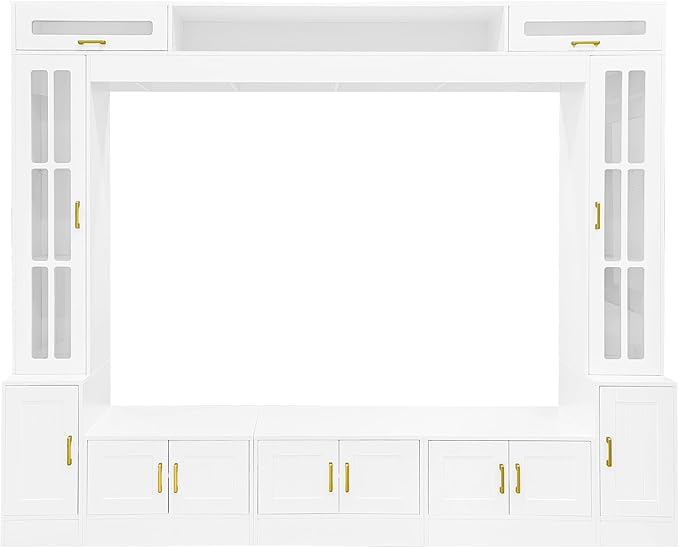 Merax 98.4" W Wall Unit Entertainment Center with Bookshelves for TVs up to 80", Modern TV Stand Media Console with Cabinets, Tempered Glass Doors and Adjustable Shelves for Living Room, White