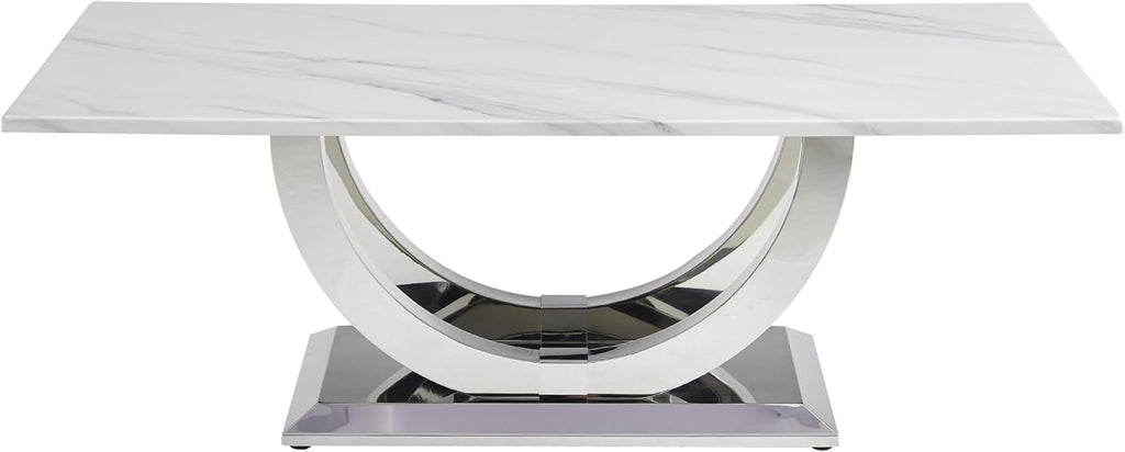 Henf Modern 50" Coffee Table White Faux Marble Center Table with Silver Mirrored Stainless Steel Base, Luxury Accent Sofa Table for Living Room Apartment (White & Silver)