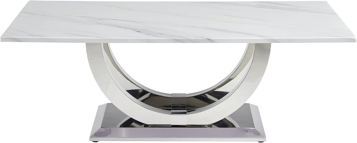 Henf Modern 50" Coffee Table White Faux Marble Center Table with Silver Mirrored Stainless Steel Base, Luxury Accent Sofa Table for Living Room Apartment (White & Silver)