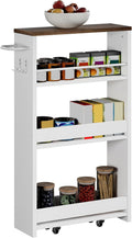 ChooChoo 4-Tier Slim Storage Cart with Handle, 5.51" W Rolling Utility Cart on Universal Wheels, Kitchen Cart Mobile Shelving Organization for Laundry Room, Bathroom & Narrow Place (Walnut & White)