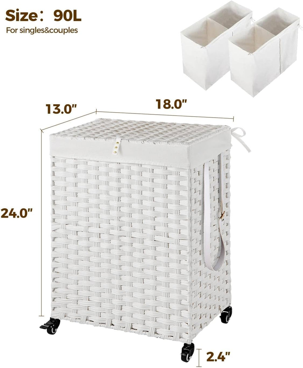 Greenstell Laundry Hamper with Wheels, No Install Needed, 90L Divided Handwoven Hampers & 2 Removable Liner Bags, Rattan Clothes Laundry Basket with Lid & Handles, Foldable Hampers White
