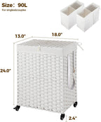 Greenstell Laundry Hamper with Wheels, No Install Needed, 90L Divided Handwoven Hampers & 2 Removable Liner Bags, Rattan Clothes Laundry Basket with Lid & Handles, Foldable Hampers White