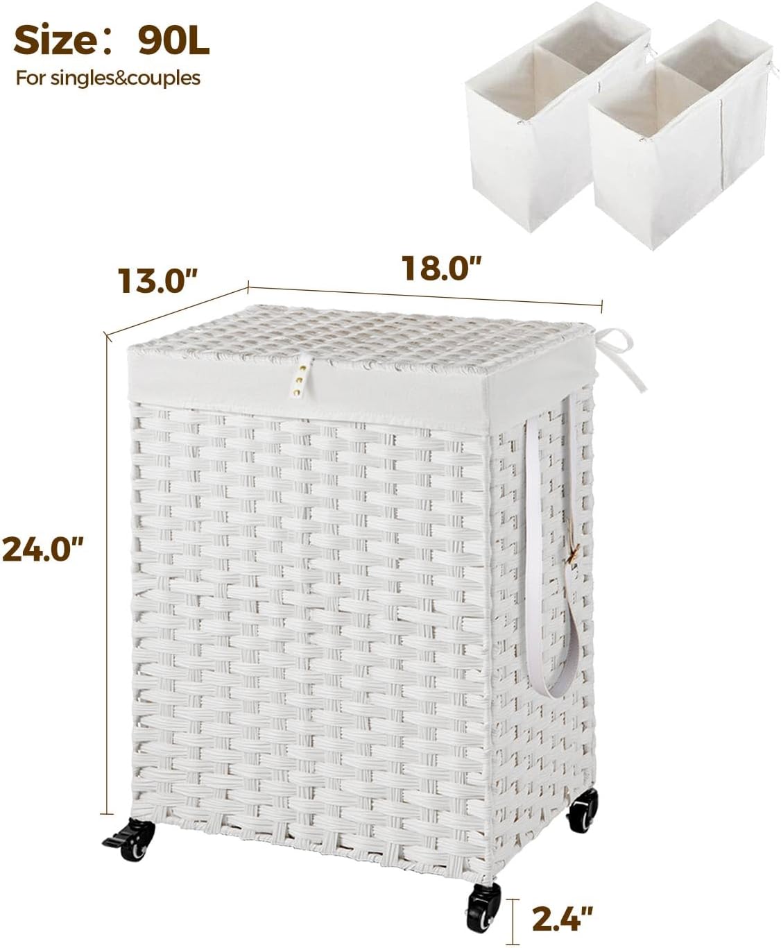 Greenstell Laundry Hamper with Wheels, No Install Needed, 90L Divided Handwoven Hampers & 2 Removable Liner Bags, Rattan Clothes Laundry Basket with Lid & Handles, Foldable Hampers White