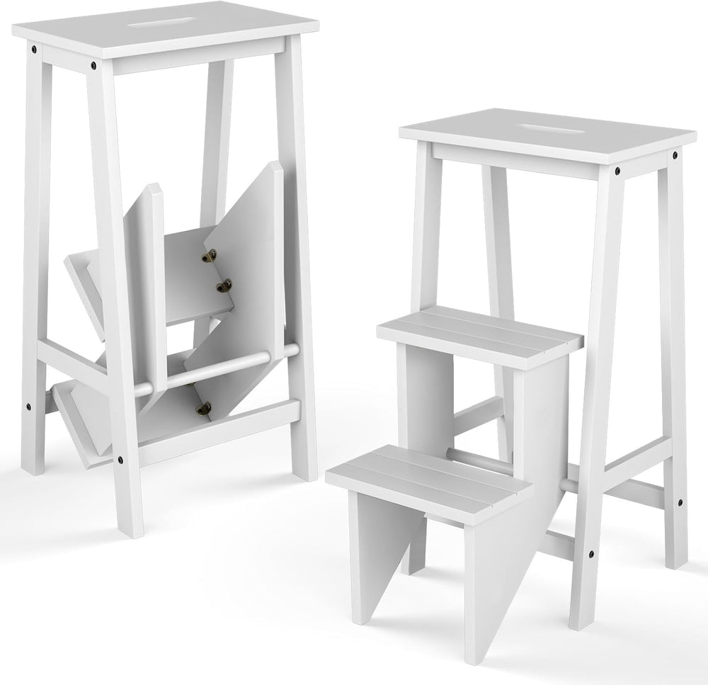 Giantex 3 Tier Folding Step Ladder, Multifunction 3-in-1 Wood Step Stool, Dis...