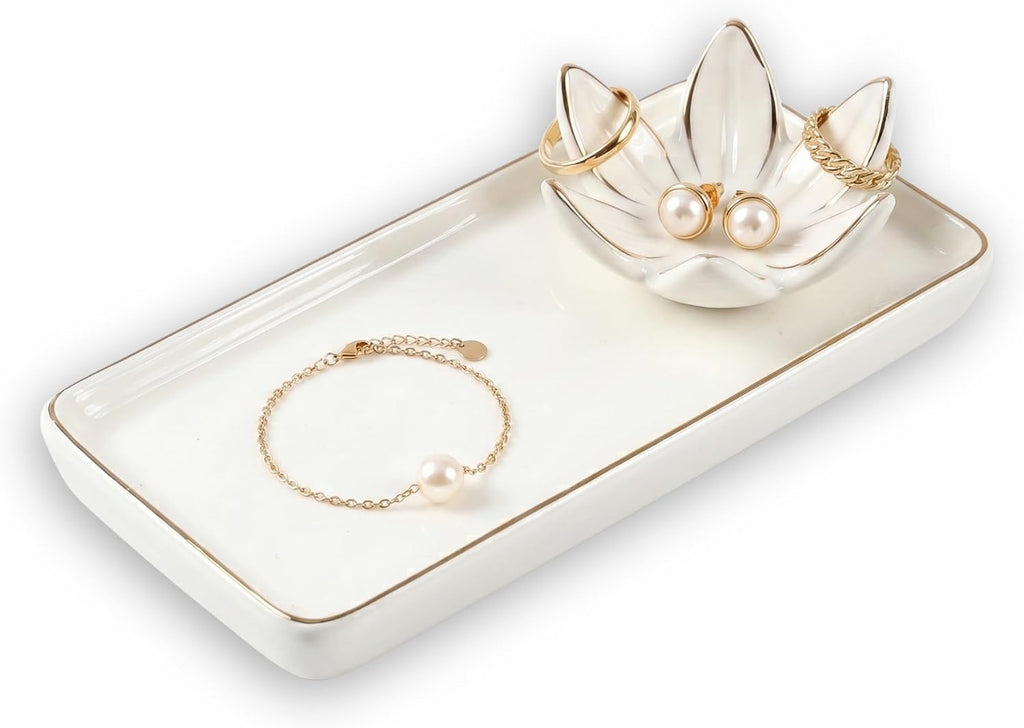 Mystic Touch Ceramic Jewelry Dish with Flower Ring Holder [Golden Trim]