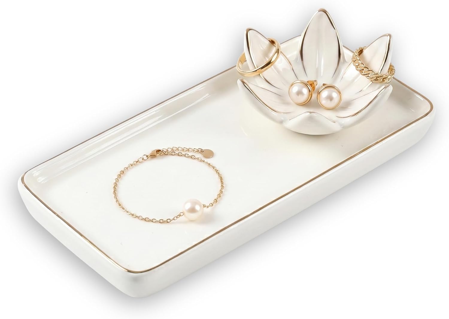 Mystic Touch Ceramic Jewelry Dish with Flower Ring Holder [Golden Trim]