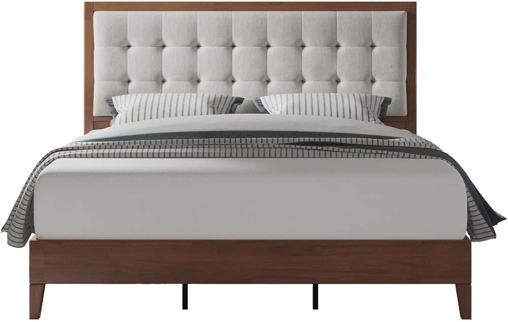 Jocisland Queen Bed Frame Solid Wood,50" Tall Upholstered Headboard,Walnut