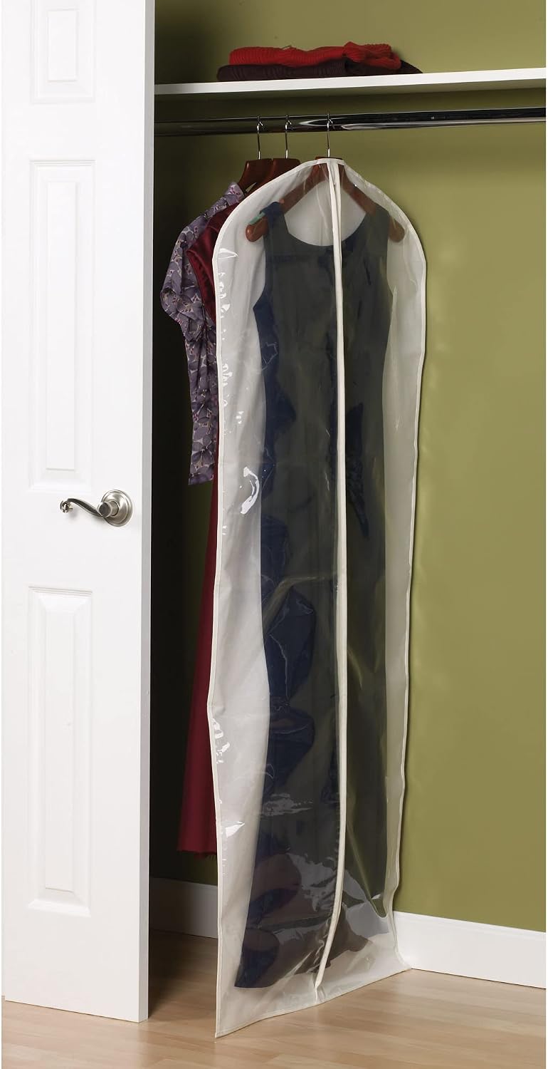 Household Essentials 311395 Hanging Garment Bag Dress Natural Cotton Canvas with Clear Vinyl Cover, Gown Protector,Off-White