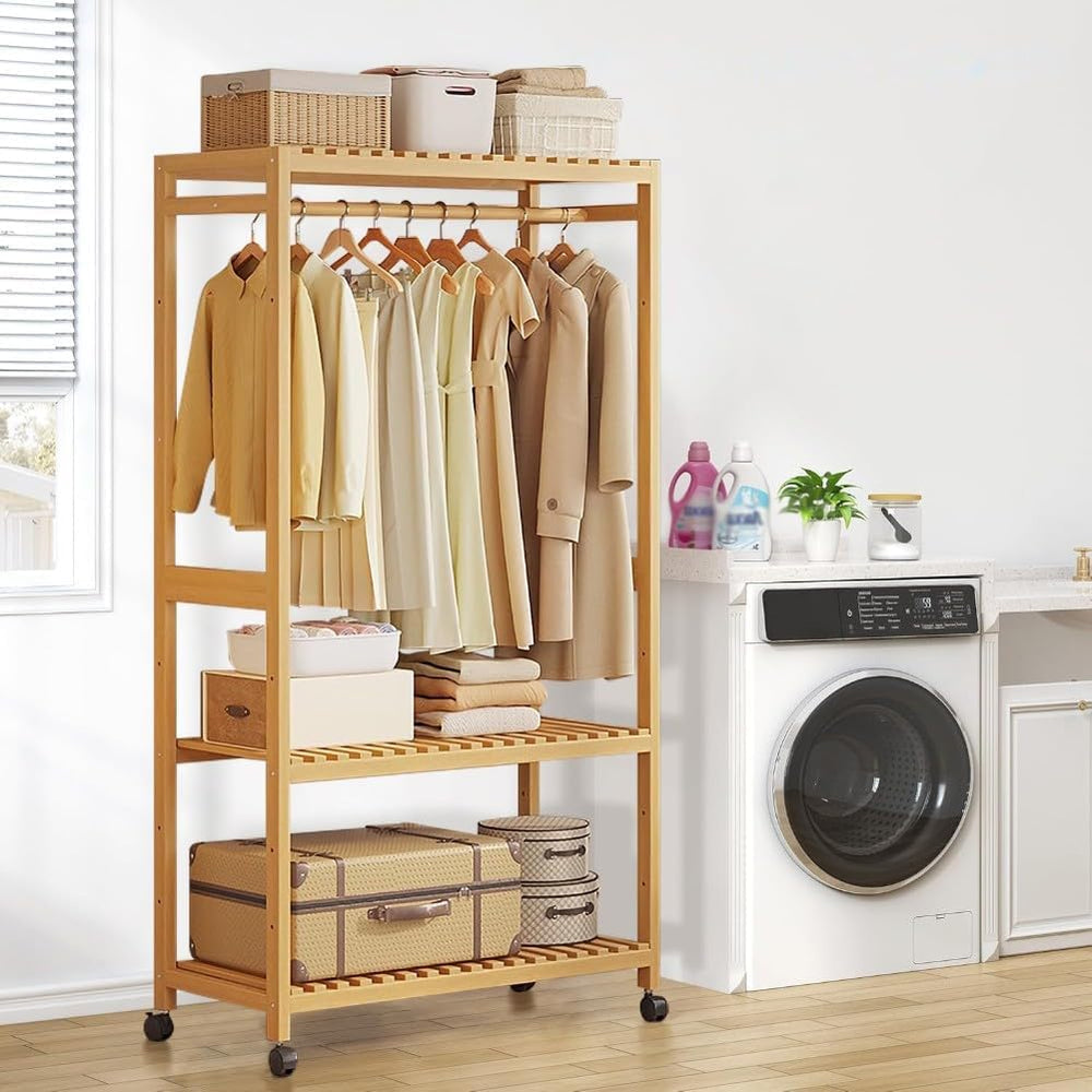 Bamboo Open Wardrobes with Wheels,Stable Clothes Rail with Rod and 2 Storage ...