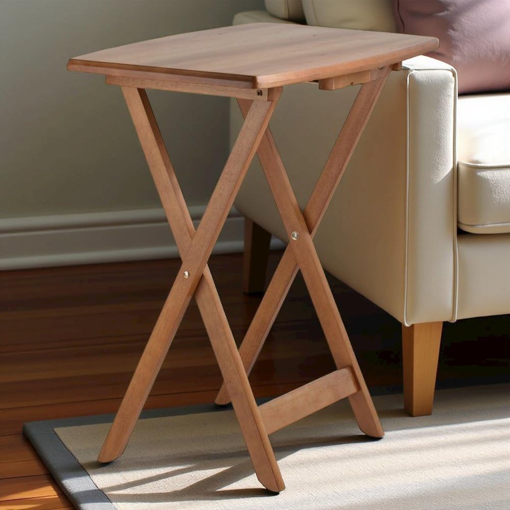 Furnifact Teak Oversized Snack Tables Set of 4 TV Trays with Stand Foldable S...