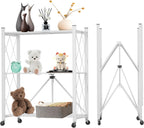 3 Tier Foldable Storage Shelf with Wheels, Heavy Duty Garage Shelving Unit Loads 550 LBS, Metal Steel Collapsible Shelves, Rolling Standing Utility Rack for Kitchen, Pantry, Office, White