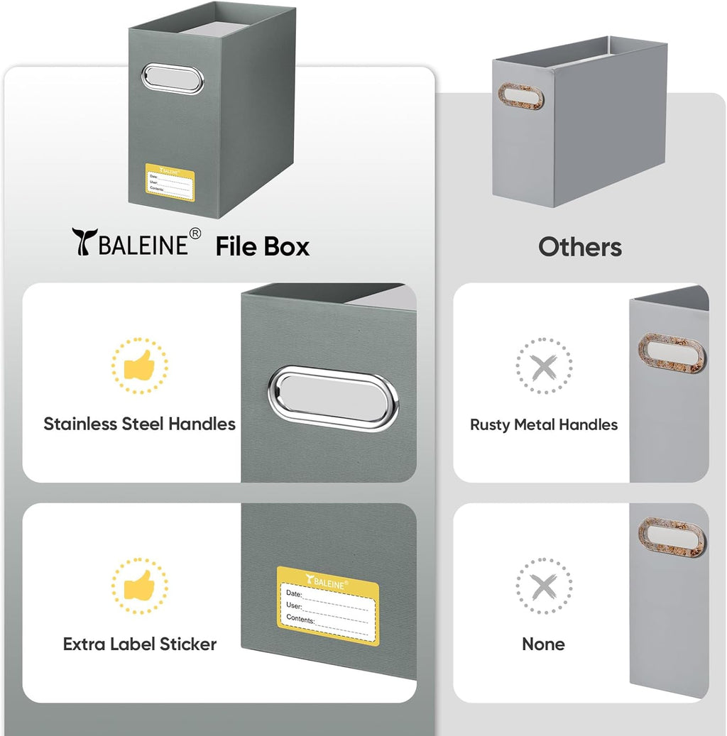 BALEINE File Organizer Box, Cardboard File Folder Organizer with Handle for Letter Size, Portable Collapsible Hanging Filing Box for Home Office Document Storage (4 Pack, Grey)