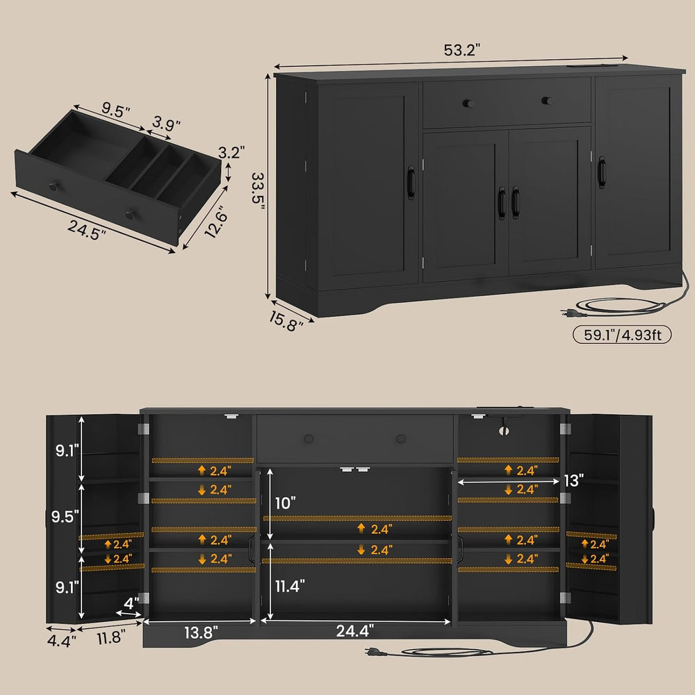 Brinlawb Buffet Cabinet with Storage & Charging Station, 53" Farmhou...