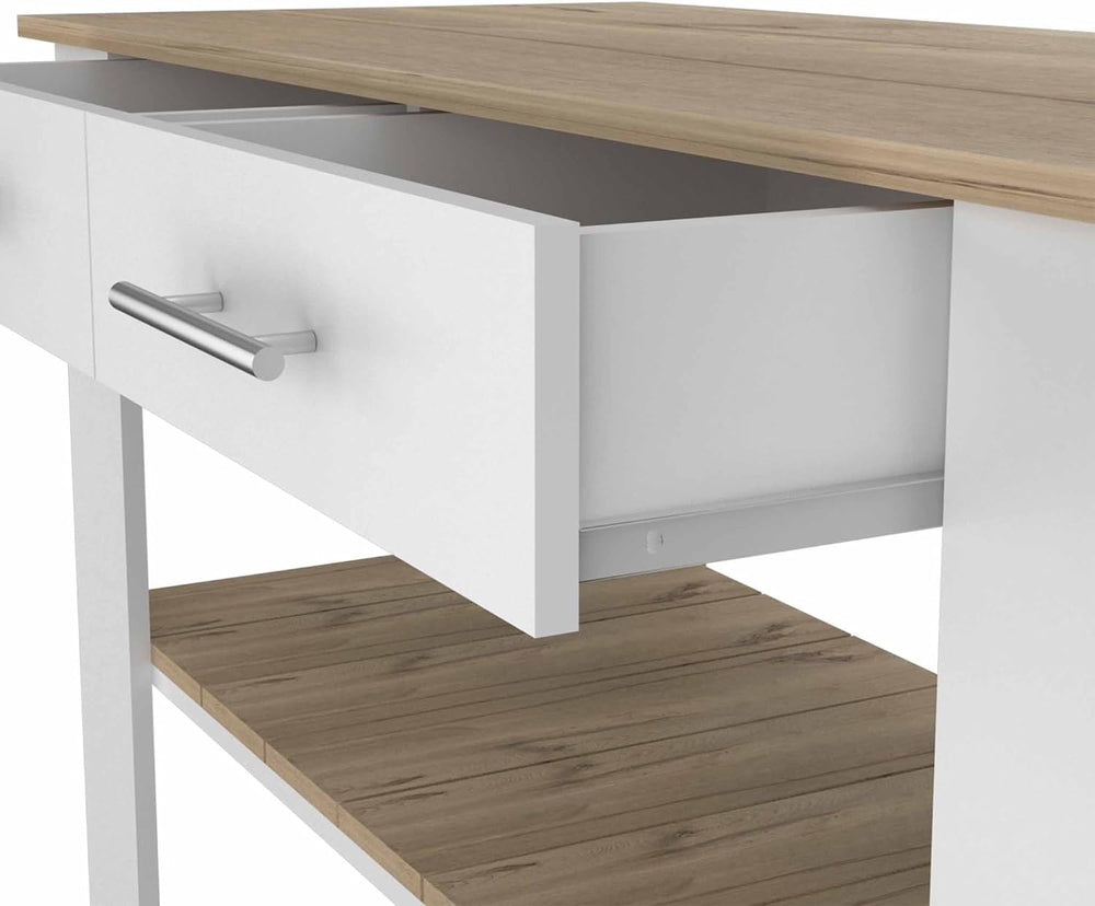 Kitchen Island with Drawers and Shelves, White/Light Oak | Includes two drawe...