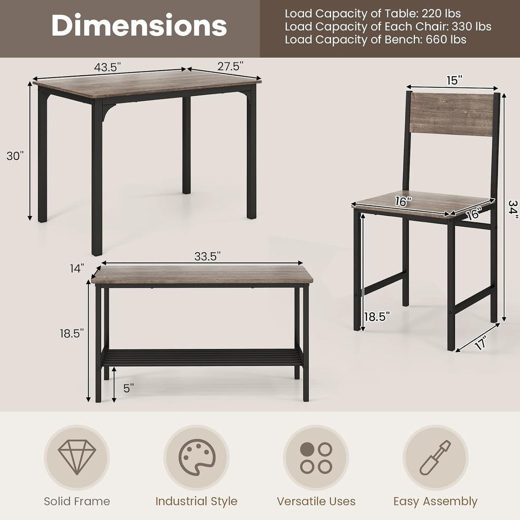 NAFORT Kitchen Table Set for 4, Industrial Dining Table with 2 Chairs & Storage Bench, Rustic Wood & Metal 4-Piece Dining Set for Small Space, Apartment, Kitchen & Dining Room