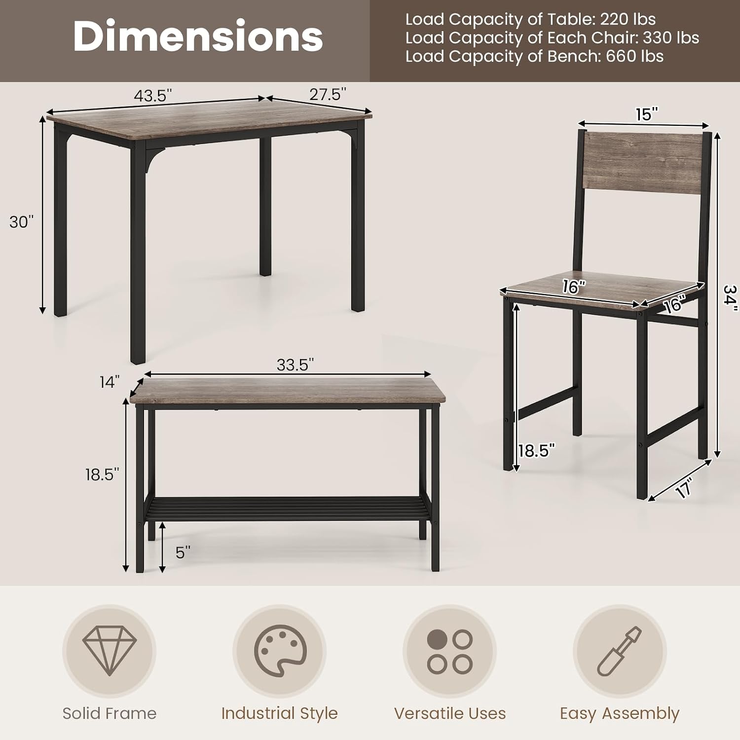 NAFORT Kitchen Table Set for 4, Industrial Dining Table with 2 Chairs & Storage Bench, Rustic Wood & Metal 4-Piece Dining Set for Small Space, Apartment, Kitchen & Dining Room