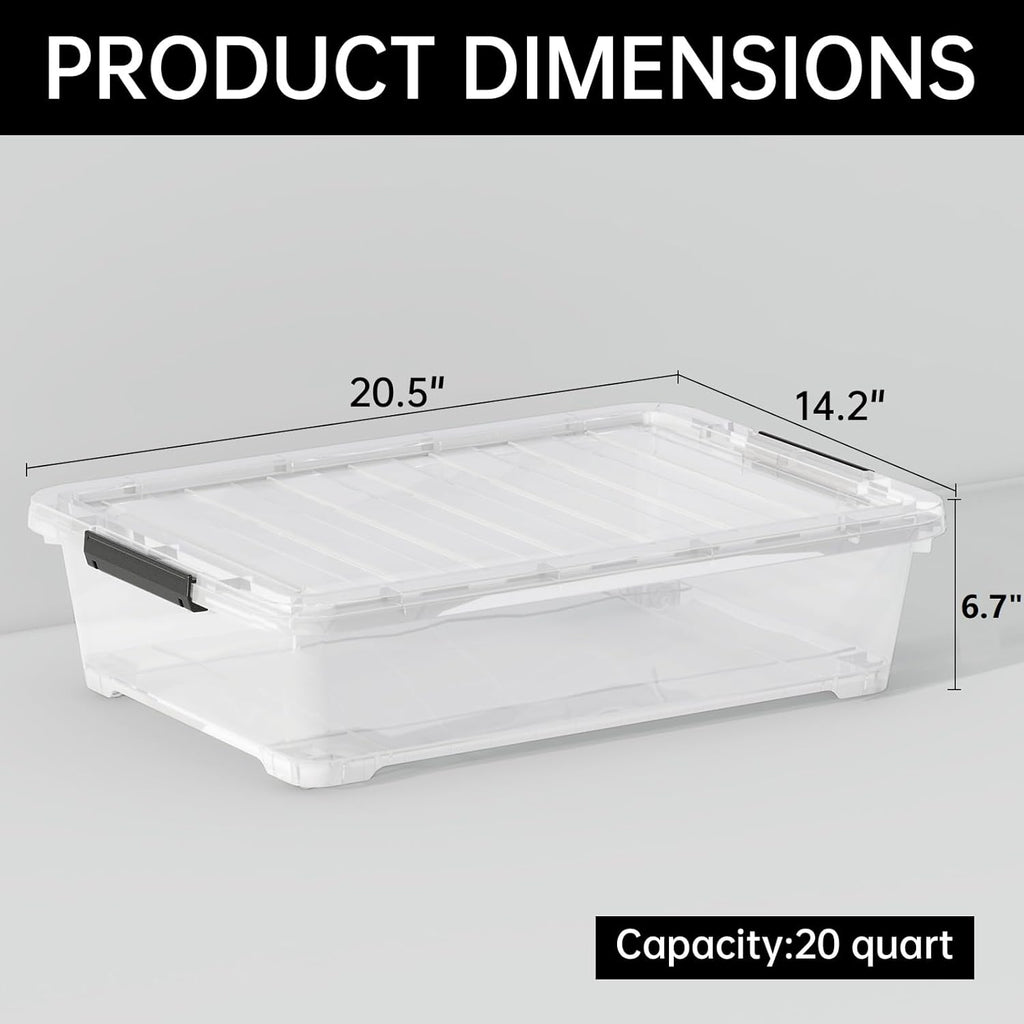 4 Pack 20-Quart Under Bed Storage Box with Wheels, Rolling Underbed Storage Containers Organizer with Latch Lids, Clear