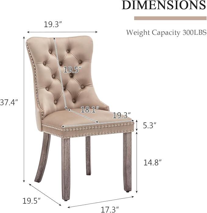 Velvet Dining Chairs Set of 6, Upholstered Dining Room Chairs with Nailhead Ring Pull Trim, Button Tufted Wing Back Chairs for Dining with Solid Wood Legs for Kitchen Dining Room(Khaki)