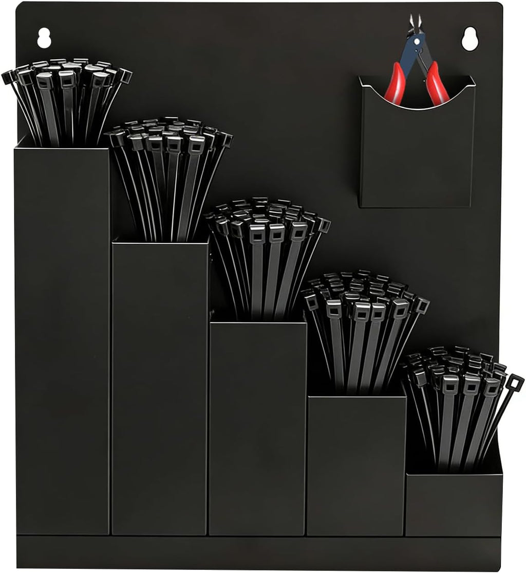 Zip Tie Organizer-Wall Mount Cable Zip Tie Storage Holder with a Plier-Multiple Sizes Organizer for Garage Workshop Tool Box (Black)