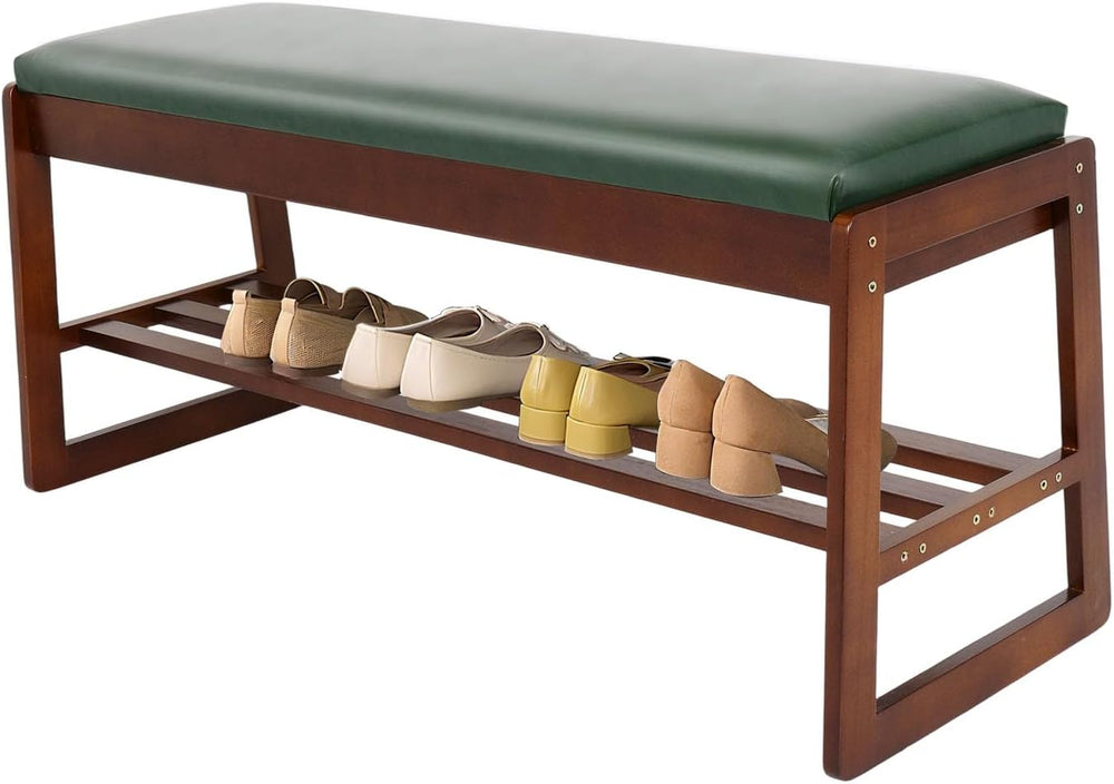 FAHKNS Shoe Bench with Leather Cushion 2 Tiers Shoe Rack 39.4" Rubberwoo...