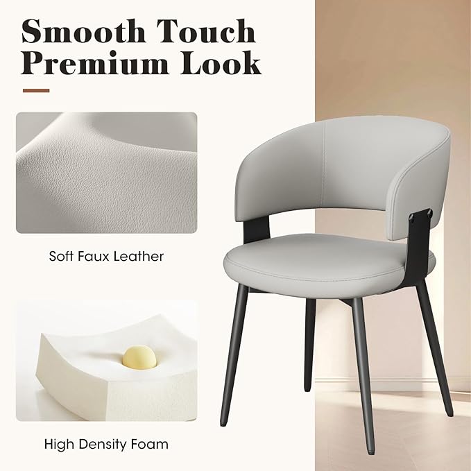 Modern Dining Chairs Set of 4, Faux Leather Upholstered Kitchen Chairs with Curved Back and Metal Legs, Mid Century Chairs for Dining Room, Kitchen, or Café (Light Gray)