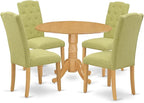 East West Furniture DLCE5-OAK-07 5 Piece Dining Table Set for 4 Includes a Round Kitchen Table with Dropleaf and 4 Limelight Linen Fabric Parson Dining Chairs, 42x42 Inch, Oak