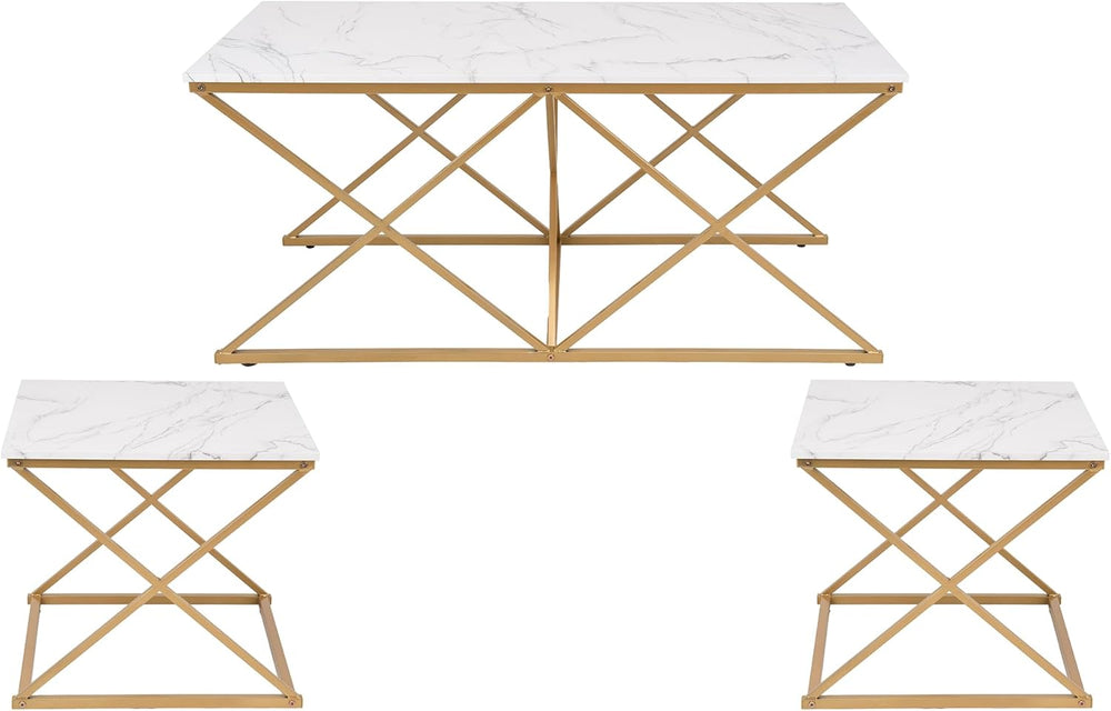 Modern Nesting Coffee Table Set of 3, Faux Marble Top with Golden Frame | Cof...