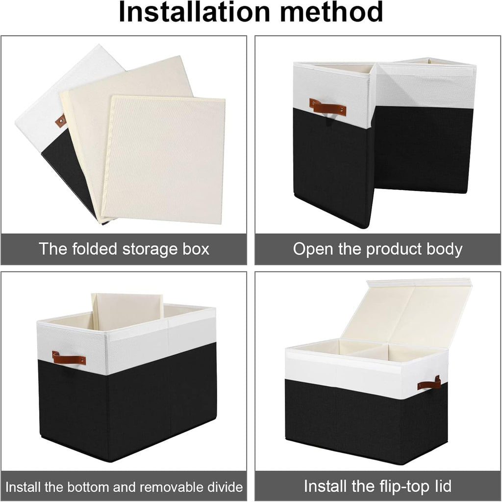 Large Toy Storage Box with Lid, Sturdy Toys Storage Chest Bin Organizer Basket with Dividers for Kids, Boys, Girls, Nursery, Closet, Bedroom, Playroom 25"x13" x16" (Black and White)